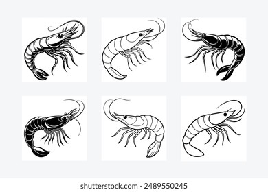 Shrimp silhouette, Prawn cut-out vector icon black and white