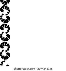 Shrimp. Silhouette. Seamless vertical border. Repeating vector pattern. Seafood. Shrimp tail. Isolated colorless background. Endless ornament. Flat style.