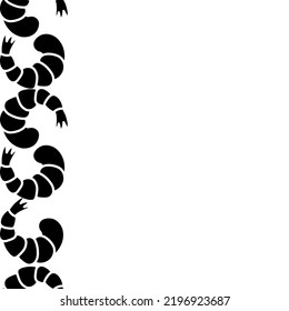 Shrimp. Silhouette. Seamless vertical border. Repeating vector pattern. Seafood. Shrimp tail. Isolated colorless background. Endless ornament. Flat style.