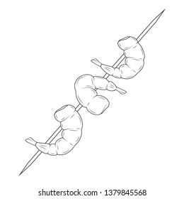shrimp skewer. hand drawn prawns. sea food. vector illustration. isolated objects. Black and white. for advertising and menus of cafes and restaurants.