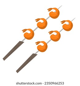 Shrimp skewers. For a picnic. Icon. The object is isolated on a white background. Vector illustration.