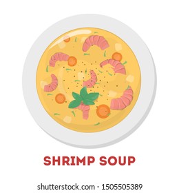 Shrimp soup. Asian food, delicious cuisine. Tasty lunch with vegetable and seafood. Isolated vector illustration in cartoon style