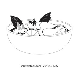 Shrimp soup bowl with lime and herbs 2D line object. Savory seafood spicy broth with whole prawns, vegetables, mushrooms. Tom yum isolated clipart vector ink outline item. Monochrome spot illustration