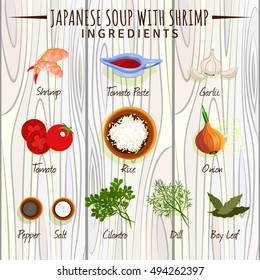 shrimp soup. Cartoon style set product composition ingredients wooden table. Shrimp tomato pasta garlic tomatoes rice onions salt pepper dill cilantro Bay leaves, a bowl of fresh tasty  diet 