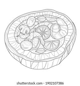 Shrimp soup with mushrooms and lemon in coconut.Coloring book antistress for children and adults. Illustration isolated on white background.Zen-tangle style. Black and white drawing