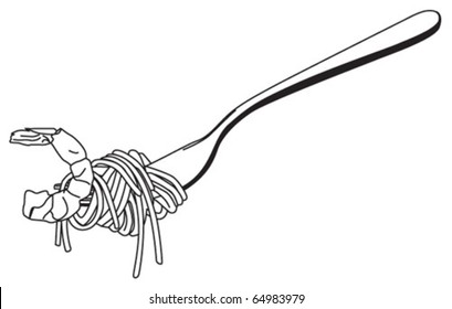 shrimp and spaghetti on a fork