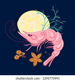 Shrimp with spices: dill, lemon, cloves, pepper, star anise. Vector