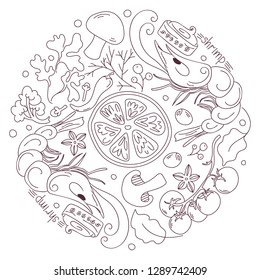 Shrimp with spices, painted in the style of Doodle. Vector
