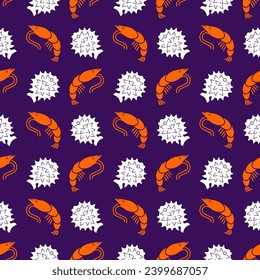 Shrimp and Spotted Puffer pattern seamless. Sea Life background. Baby fabric texture