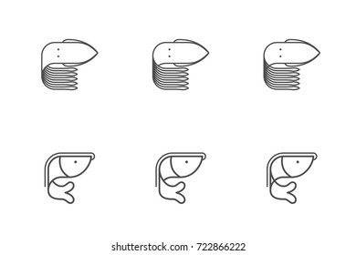 Shrimp and Squid symbol icon set outline stroke design illustration black and white color isolated on white background, vector eps10