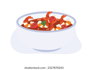 shrimp stew. seafood. Stew or Boiled Dinner with Seafood Garnished with Herbs. vector cartoon illustration