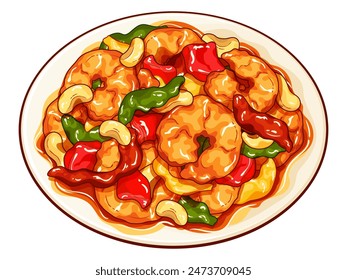 Camarón salteado dulce y agrio ilustración Vector. Camarones agridulces salteados con pimiento morrón. Receta de camarones agridulces chinos. Camarones agridulces tailandeses. Gambas fritas con nuez de cajú