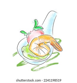 Shrimp with strawberries and mashed potatoes, delicious appetizer, restaurant menu. Vector watercolor image of food, doodle