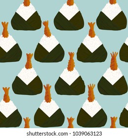 Shrimp Stuffed Onigiri. Seamless pattern. Japanese cuisine. Pescatarian snack. Triangle rice balls wrapped with nori seaweed. Lunch texture. For decoration or web site background.