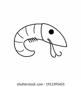 Shrimp in the style of hand drawing. A shrimp drawn with a contour line. Coloring book for kids. Ingredients for pizza and salad. Delicious sea food.