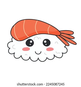 Shrimp sushi in kawaii style. Cute Japanese sushi with a smile. Vector illustration. Cartoon style. Sushi restaurant logo. Funny sushi character.