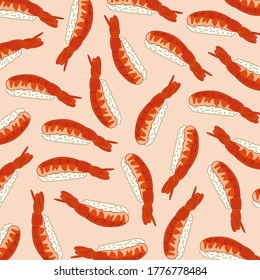 Shrimp sushi pattern. Rolls. Print for packaging, fabrics, wallpapers, textiles. Vector illustration.