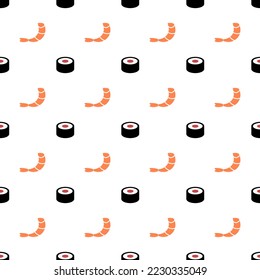 Shrimp and sushi rolls, seamless pattern, vector. Pattern of shrimp and sushi rolls.