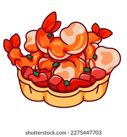 Shrimp tartlets recipe illustration vector. Empanadas de camarones. Prawn pie puff pastry icon design. Shrimp and leek savory pie cartoon.