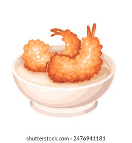 Tempura de camarón en taza de salsa, mariscos de dibujos animados para comer. Dos langostinos fritos crujientes en masa tempura o migas de pan en un tazón redondo blanco de dibujos animados con Ilustración vectorial de mayonesa