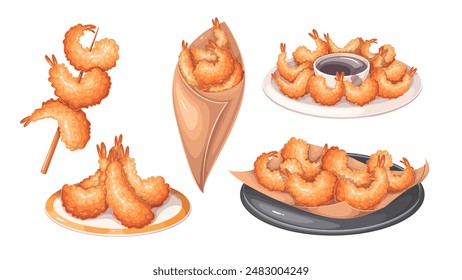 Shrimp tempura, deep fried seafood cartoon set. Gourmet golden crispy cutlets on wooden stick and lying on round plates with sauce bowl, cartoon tempura Japanese food in bag vector illustration