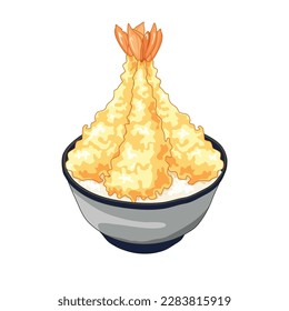 Shrimp tempura rice bowl menu, Japanese cuisine, Asian fried menu, shrimp on rice, Authentic tempura anime food illustration on white background. Traditional food, homemade meal,Closeup vector    