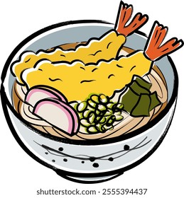 Shrimp tempura udon brush stroke vector illustration