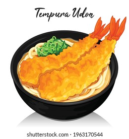 Shrimp tempura udon noodles soup illustration vector.