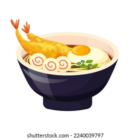 Shrimp tempura udon noodles soup with egg. Asian food. Colorful Vector illustration isolated on white background.
