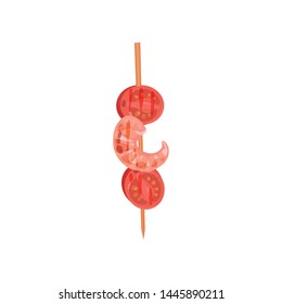 Shrimp with tomatoes on a skewer. Vector illustration on white background.