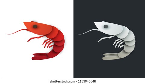 Shrimp in trendy paper cut craft graphic style. Cartoon sea animal. Modern design for advertising, branding greeting card, cover, poster, banner. Vector illustration.