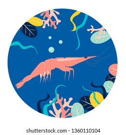 Shrimp under water in round background. Flat style. Cartoon vector illustration