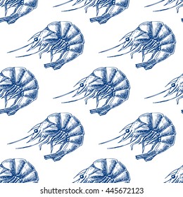 Shrimp vector drawing. Seamless seafood pattern. Food background. 