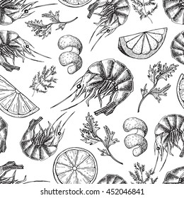 Shrimp vector drawing. Seamless seafood pattern. Shrimp food background. Great for seafood restaurant menu or decor