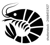 Shrimp vector icon. Sea food logo, sign, symbol. Sea Caridea animal. Prawn black silhouette. Crustacean with curly feelers.