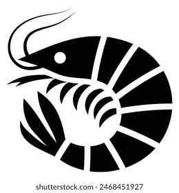 Shrimp vector icon. Sea food logo, sign, symbol. Sea Caridea animal. Prawn black silhouette. Crustacean with curly feelers.