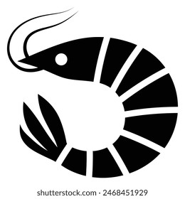 Shrimp vector icon. Sea food logo, sign, symbol. Sea Caridea animal. Prawn black silhouette. Crustacean with curly feelers.