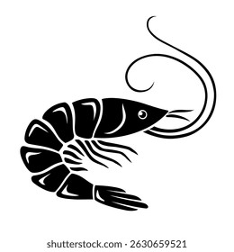 Shrimp vector icon. Seafood logo, sign and symbol. Sea animal Caridea. Shrimp silhouette. Fresh sea shrimp. Illustration isolated on white background.