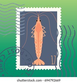 Shrimp. Vector illustration. Postage Stamp. Mark. Postcard.