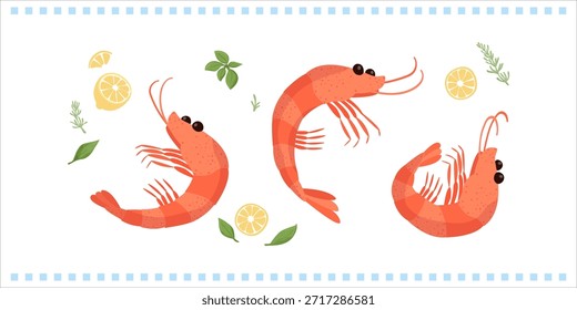 Shrimp vector illustration. Seafood simple art. Shrimp with lemon and herbs. Ocean and sea delicacy. 