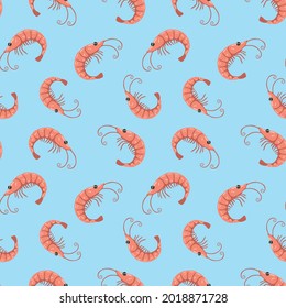 Shrimp vector pattern, blue background, seamless trendy design.