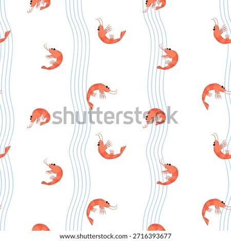 Shrimp vector seamless pattern. Cute prawn in shell and wawes doodle stripes on a white background. Print for textile, fabric and wrapping paper.