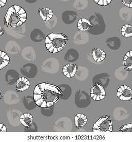 Shrimp vector seamless pattern with isolated icon , hand drawn sketch of prawn, template for seafood menu, healhty diet infographics, sticker, flyer, package