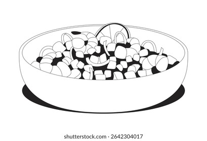 Shrimp vegetable salad in serving bowl 2D line object. Seafood veggies lemon slice. Healthy lunch. Protein meal. Sebiche seviche isolated clipart vector ink outline item. Monochrome spot illustration