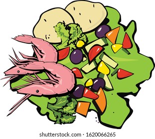 Shrimp with vegetables on lettuce leaves. Pop art. Retro style. Vector illustration