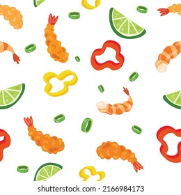 El camarón y las verduras son un patrón sin fisuras. Ilustración vectorial dibujada a mano. Adecuado para el fondo web, papel regalo, tela o textil.