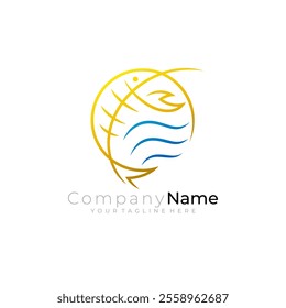 shrimp and water logo inside a circle, line style design