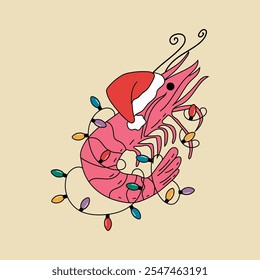 A shrimp wearing a Santa hat and surrounded by Christmas lights