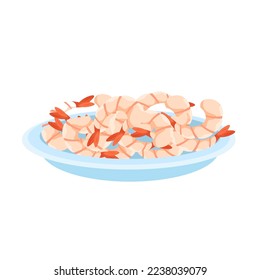 Camarón sin concha. Placa de gambas. Camarones hervidos o a la parrilla. Cocina asiática tradicional. Ilustración vectorial en un estilo plano de moda aislado en el fondo blanco.