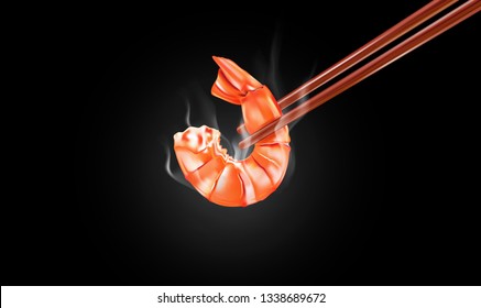 Shrimp with Wooden chopsticks ads. Realistic vector 3D illustration, Of free space for your texts and branding. 